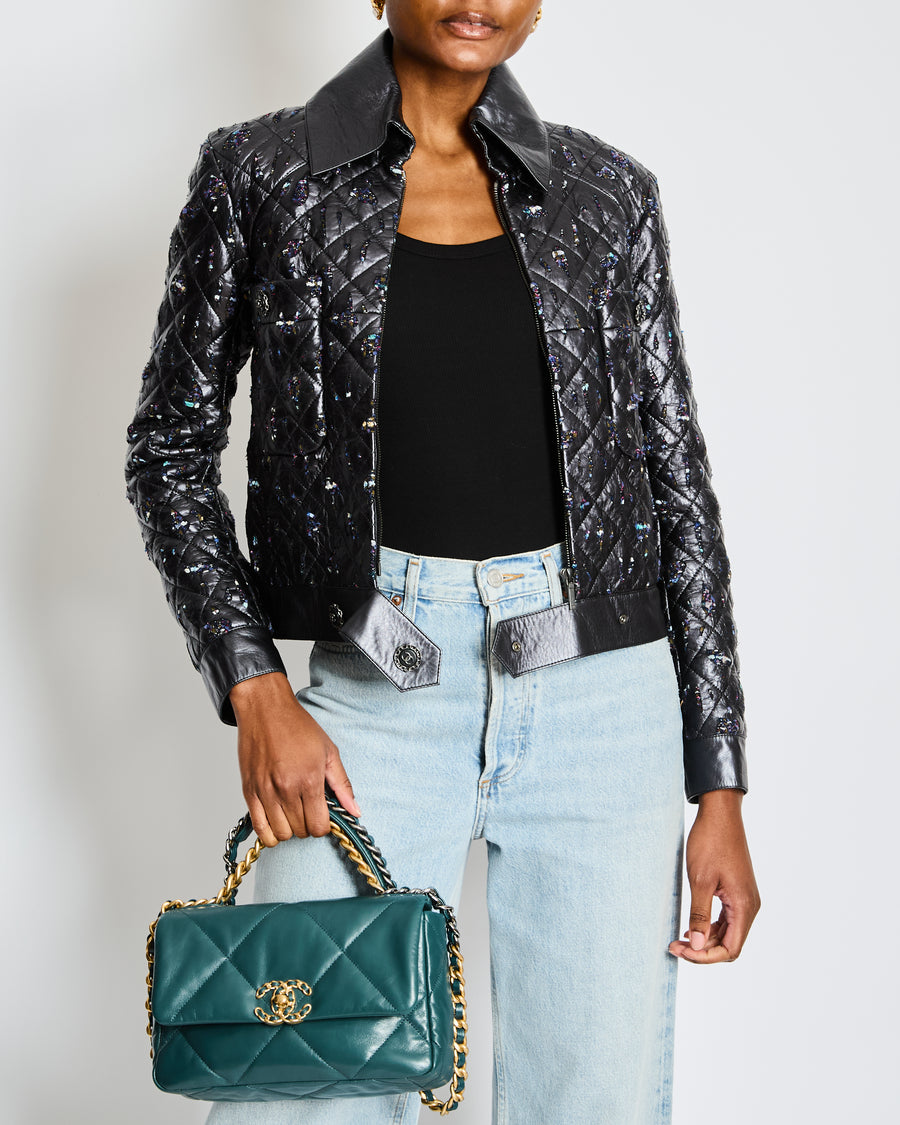 Chanel Anthracite Leather Quilted Jacket with Embellishments Size FR 34 (UK 6)