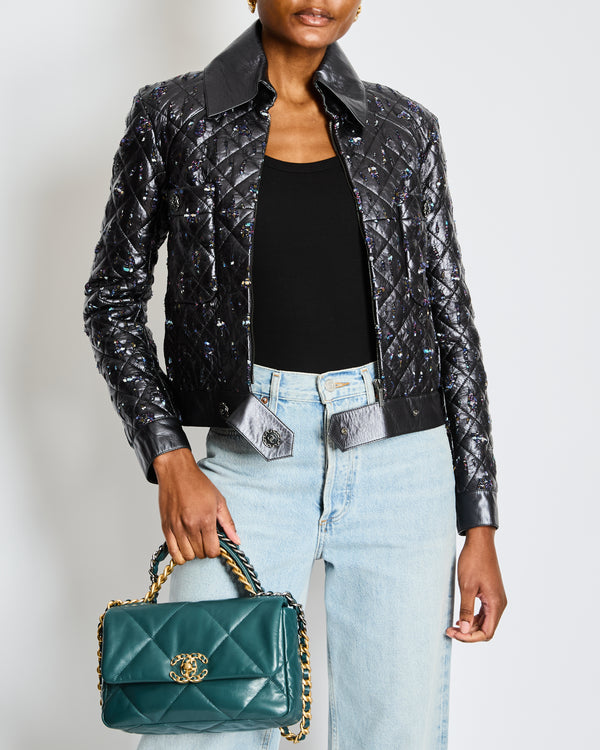 Chanel Anthracite Leather Quilted Jacket with Embellishments Size FR 34 (UK 6)