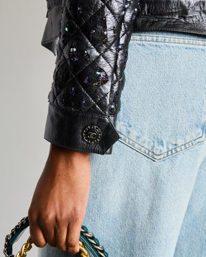 Chanel Anthracite Leather Quilted Jacket with Embellishments Size FR 34 (UK 6)