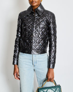 Chanel Anthracite Leather Quilted Jacket with Embellishments Size FR 34 (UK 6)