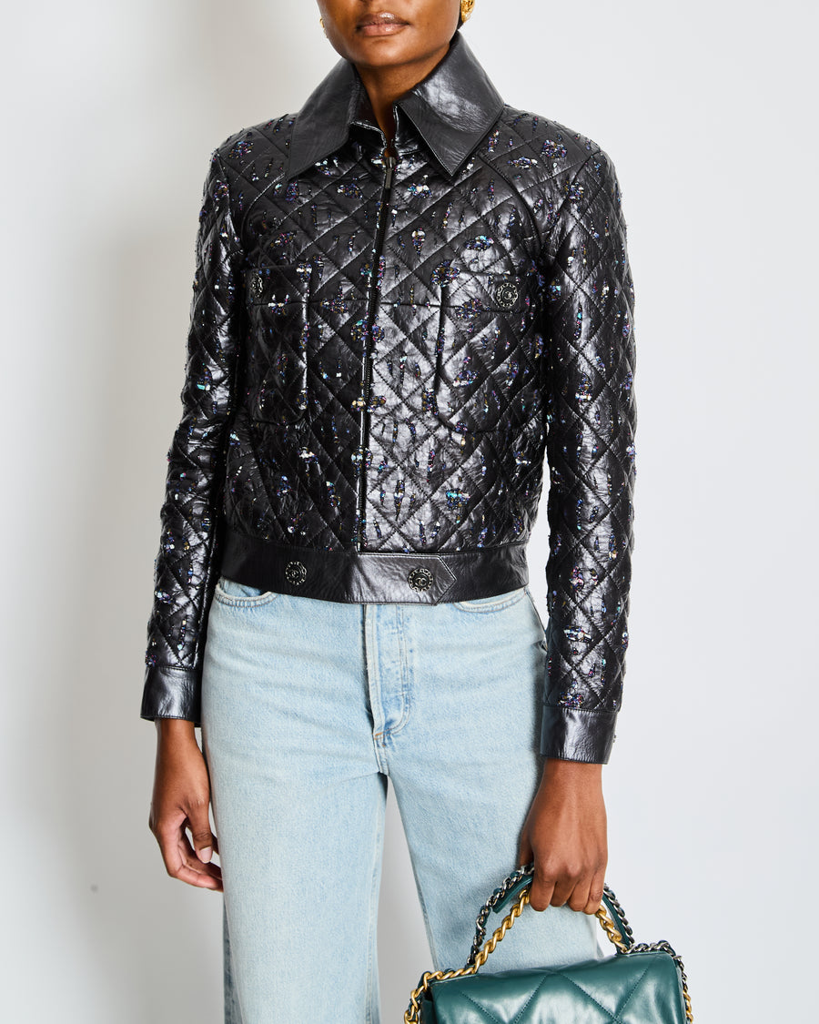 Chanel Anthracite Leather Quilted Jacket with Embellishments Size FR 34 (UK 6)