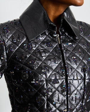 Chanel Anthracite Leather Quilted Jacket with Embellishments Size FR 34 (UK 6)