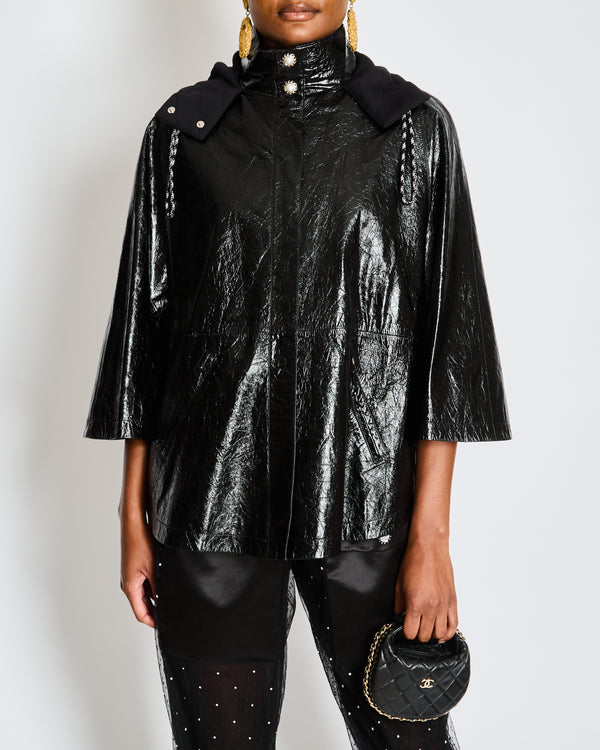 Chanel Black Leather Hooded Cape with Embellished Pearl Buttons Size FR 34 (UK 6)