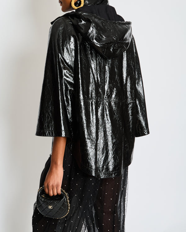 Chanel Black Leather Hooded Cape with Embellished Pearl Buttons Size FR 34 (UK 6)