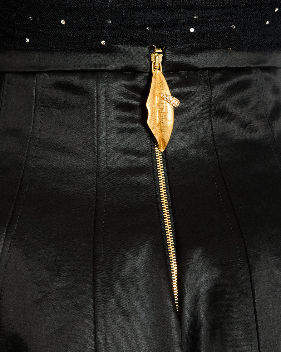 Schiaparelli Black Voluminous Strawberry Maxi Skirt with Gold Pierced Lip Zip Detail Size IT 36 (UK 4)