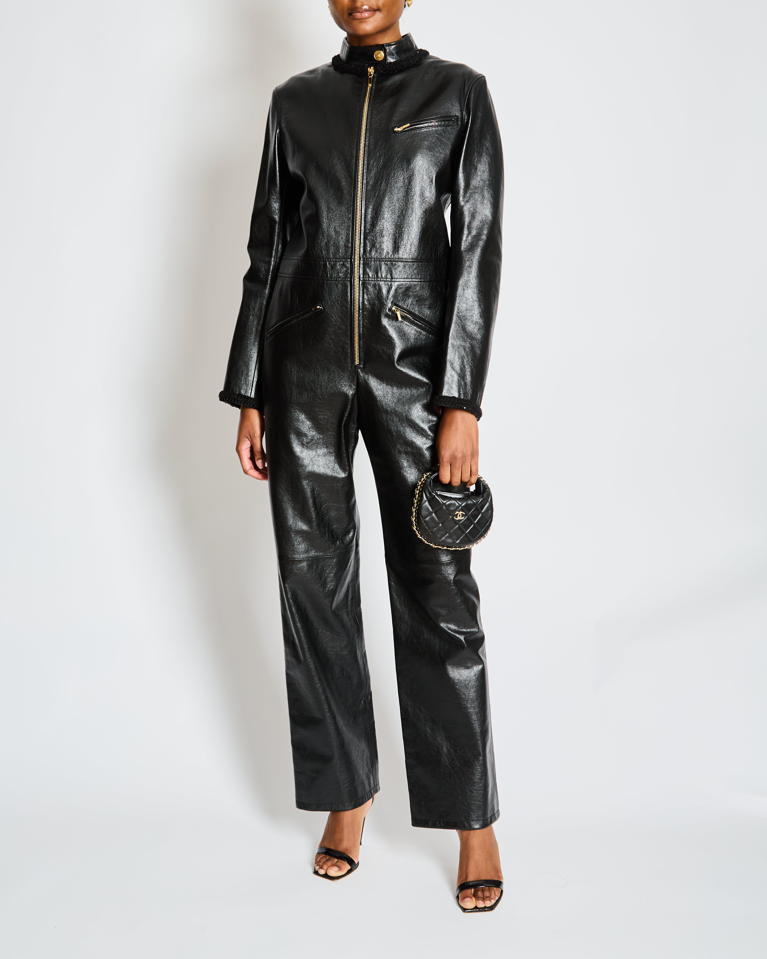 ˚✧₊⁎CHANEL uniform 7部袖⁎⁺˳✧༚ Chanel Black Leather Jumpsuit with Gold CC Button and Tweed and