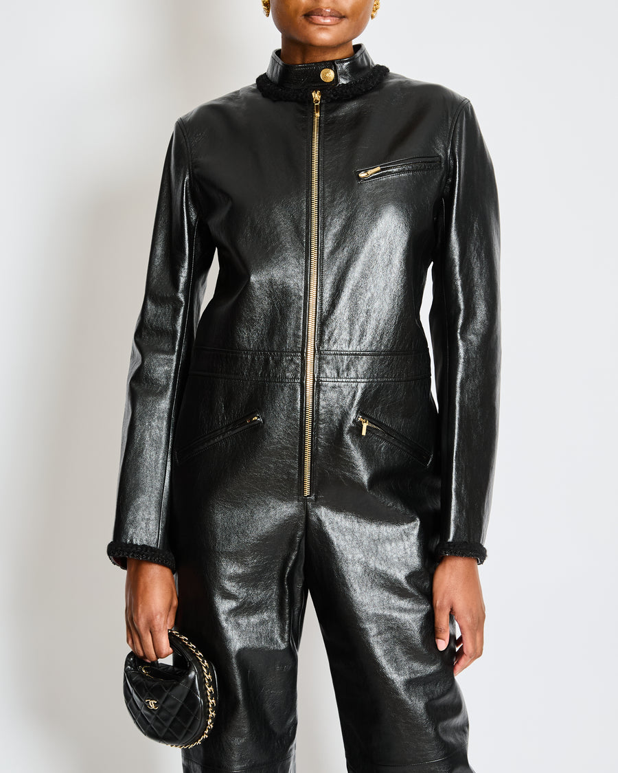 Chanel Black Leather Jumpsuit with Gold CC Button and Tweed and Chain Trim Detail Size FR 38 (UK 10)
