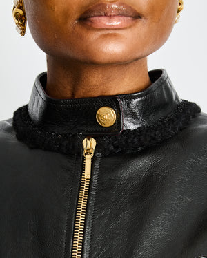 Chanel Black Leather Jumpsuit with Gold CC Button and Tweed and Chain Trim Detail Size FR 38 (UK 10)
