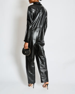 Chanel Black Leather Jumpsuit with Gold CC Button and Tweed and Chain Trim Detail Size FR 38 (UK 10)