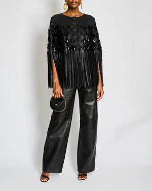Chanel Spring 2019 Black Leather Cropped Jacket with Fringes and Sequins Size FR 34 (UK 6)