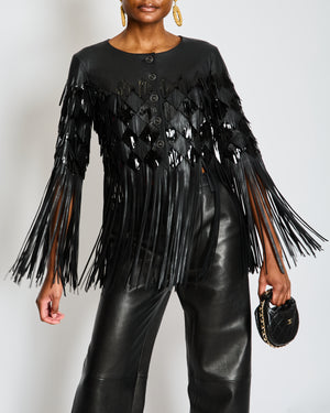 Chanel Spring 2019 Black Leather Cropped Jacket with Fringes and Sequins Size FR 34 (UK 6)