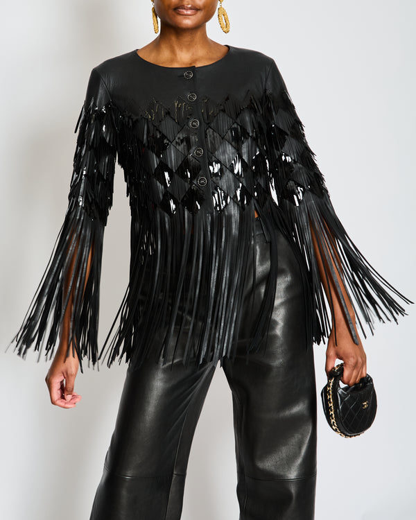 Chanel Spring 2019 Black Leather Cropped Jacket with Fringes and Sequins Size FR 34 (UK 6)