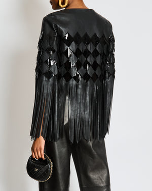 Chanel Spring 2019 Black Leather Cropped Jacket with Fringes and Sequins Size FR 34 (UK 6)