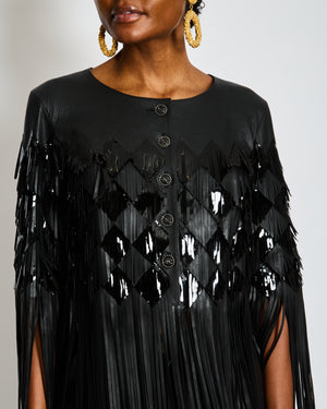 Chanel Spring 2019 Black Leather Cropped Jacket with Fringes and Sequins Size FR 34 (UK 6)