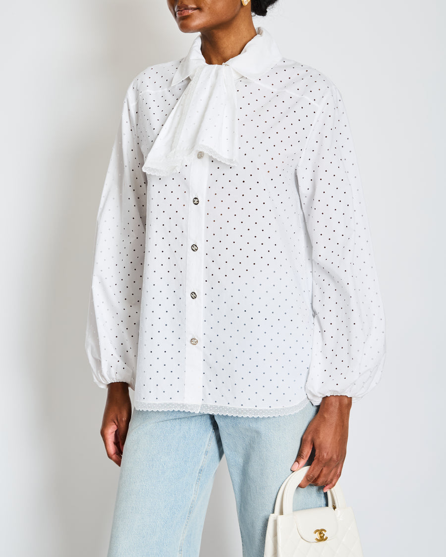 Chanel White Laser Cut Button Down Shirt with Lace Trim and Bow Detail Size FR 36 (UK 8)