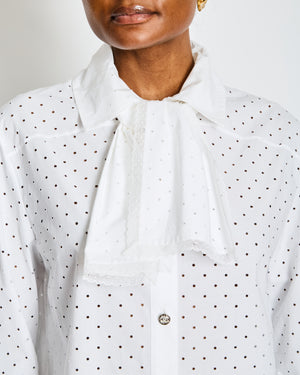 Chanel White Laser Cut Button Down Shirt with Lace Trim and Bow Detail Size FR 36 (UK 8)