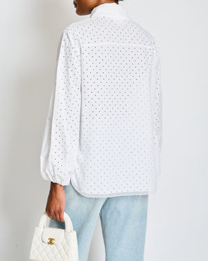 Chanel White Laser Cut Button Down Shirt with Lace Trim and Bow Detail Size FR 36 (UK 8)