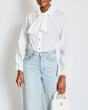 Chanel White Laser Cut Button Down Shirt with Lace Trim and Bow Detail Size FR 36 (UK 8)