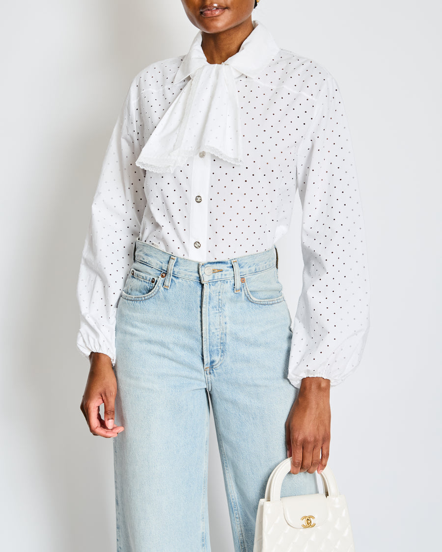 Chanel White Laser Cut Button Down Shirt with Lace Trim and Bow Detail Size FR 36 (UK 8)