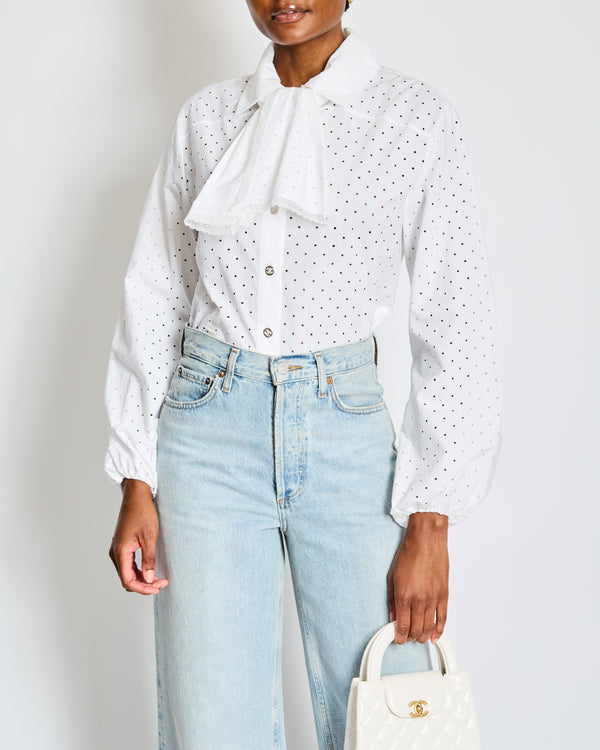 Chanel White Laser Cut Button Down Shirt with Lace Trim and Bow Detail Size FR 36 (UK 8)
