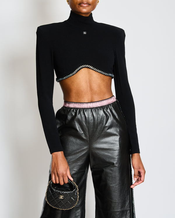 Chanel Black High Neck CC Crop Top with Scalloped Diamante Hem Size FR 38 (UK 10)