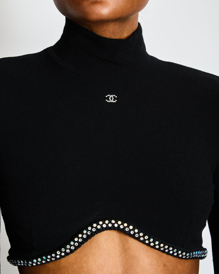 Chanel Black High Neck CC Crop Top with Scalloped Diamante Hem Size FR 38 (UK 10)