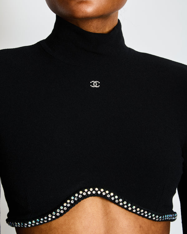 Chanel Black High Neck CC Crop Top with Scalloped Diamante Hem Size FR 38 (UK 10)