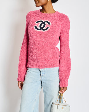 Chanel Pink Shearling Long Sleeve Sweater Graphic Logo Wool Blend Jumper Size FR 36 (UK 8)