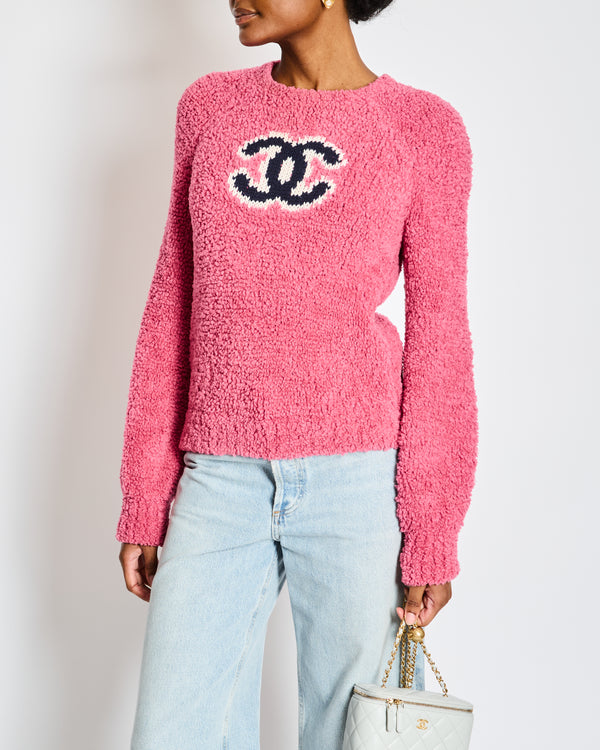 Chanel Pink Shearling Long Sleeve Sweater Graphic Logo Wool Blend Jumper Size FR 36 (UK 8)