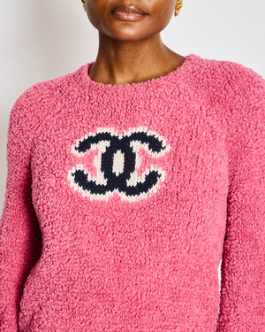 Chanel Pink Shearling Long Sleeve Sweater Graphic Logo Wool Blend Jumper Size FR 36 (UK 8)