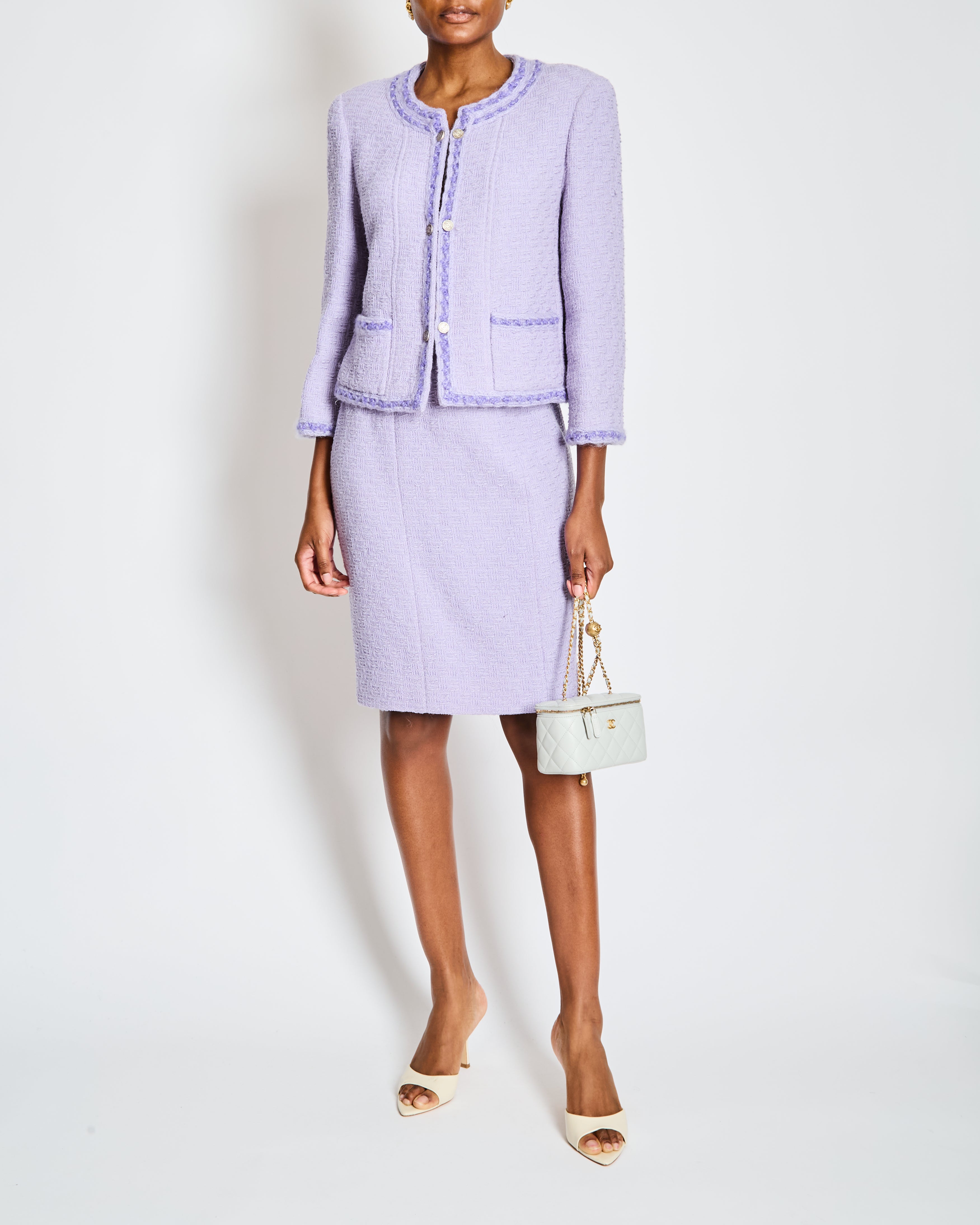 Chanel 98/A Lavender Two Piece Tweed Set with CC Button Detail