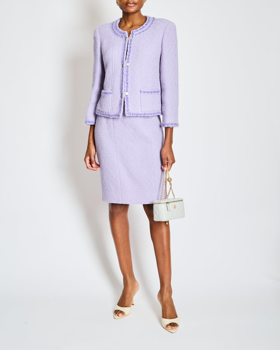 Chanel 98/A Lavender Two Piece Tweed Set with CC Button Detail Size FR 44 (UK 16)