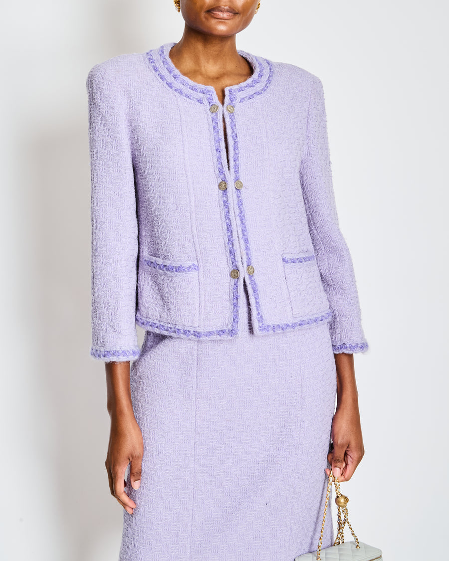 Chanel 98/A Lavender Two Piece Tweed Set with CC Button Detail Size FR 44 (UK 16)