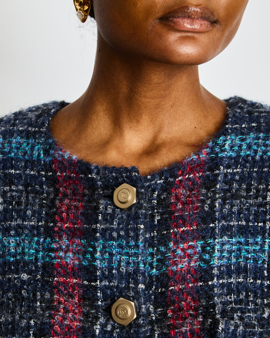 Chanel Navy Paris/Hamburg 2018 Métiers d'art Lesage Tweed Collarless Jacket Size FR 42 (UK 14)