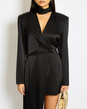 David Koma Black Satin Asymmetric Long Sleeved Mini Dress Size UK 12