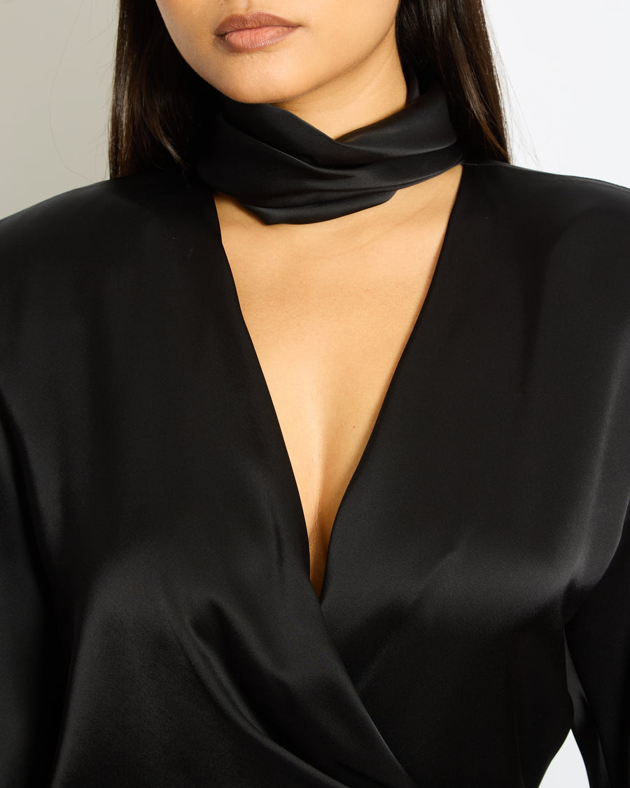 David Koma Black Satin Asymmetric Long Sleeved Mini Dress Size UK 12