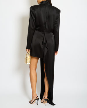 David Koma Black Satin Asymmetric Long Sleeved Mini Dress Size UK 12