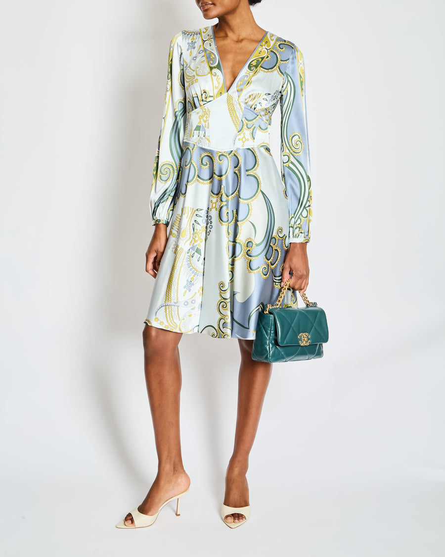 Emilio Pucci Blue Long Sleeve V-Neck Silk Printed Midi Dress Size IT 42 (UK 10)