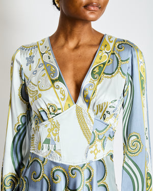 Emilio Pucci Blue Long Sleeve V-Neck Silk Printed Midi Dress Size IT 42 (UK 10)