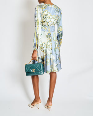 Emilio Pucci Blue Long Sleeve V-Neck Silk Printed Midi Dress Size IT 42 (UK 10)