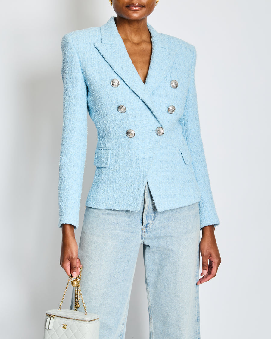 Balmain Pastel Blue Tweed Double Breasted Blazer with Silver Button Detail Size FR 38 (UK 10)