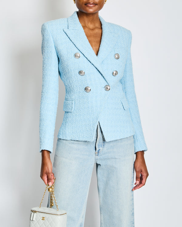 Balmain Pastel Blue Tweed Double Breasted Blazer with Silver Button Detail Size FR 38 (UK 10)
