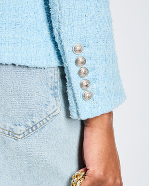 Balmain Pastel Blue Tweed Double Breasted Blazer with Silver Button Detail Size FR 38 (UK 10)
