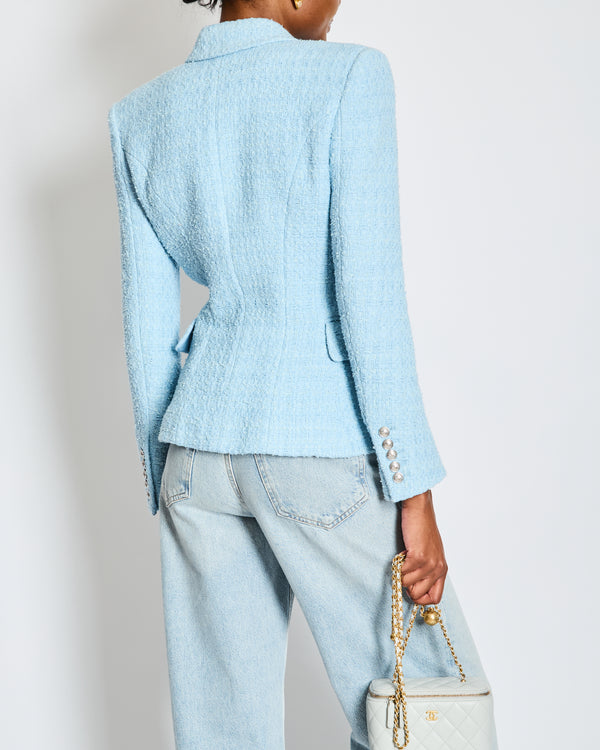 Balmain Pastel Blue Tweed Double Breasted Blazer with Silver Button Detail Size FR 38 (UK 10)