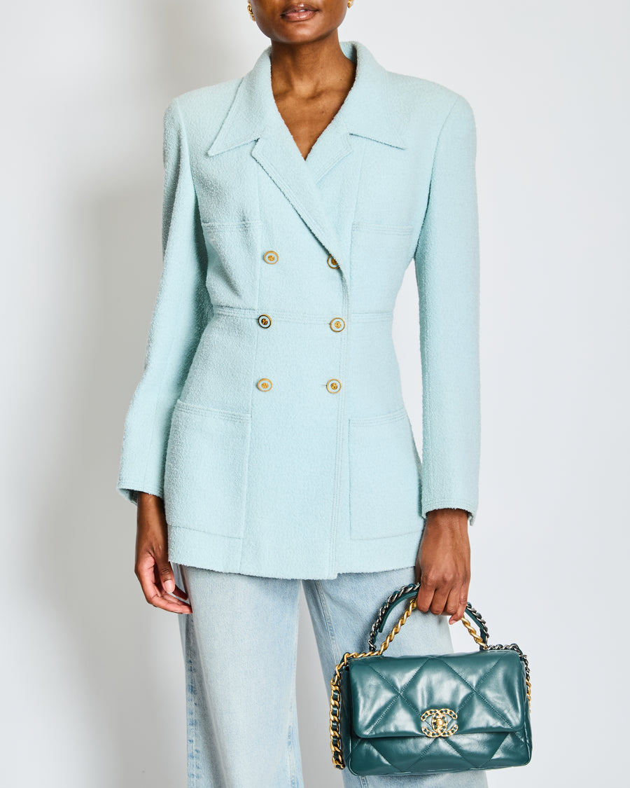 Chanel 96/C Baby Blue Double Breasted Blazer with Gold CC Buttons Size FR 46 (UK 18)