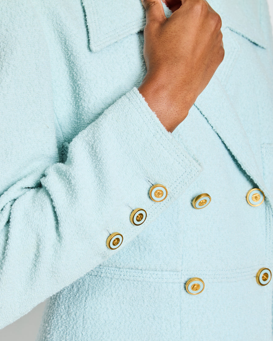 Chanel 96/C Baby Blue Double Breasted Blazer with Gold CC Buttons Size FR 46 (UK 18)