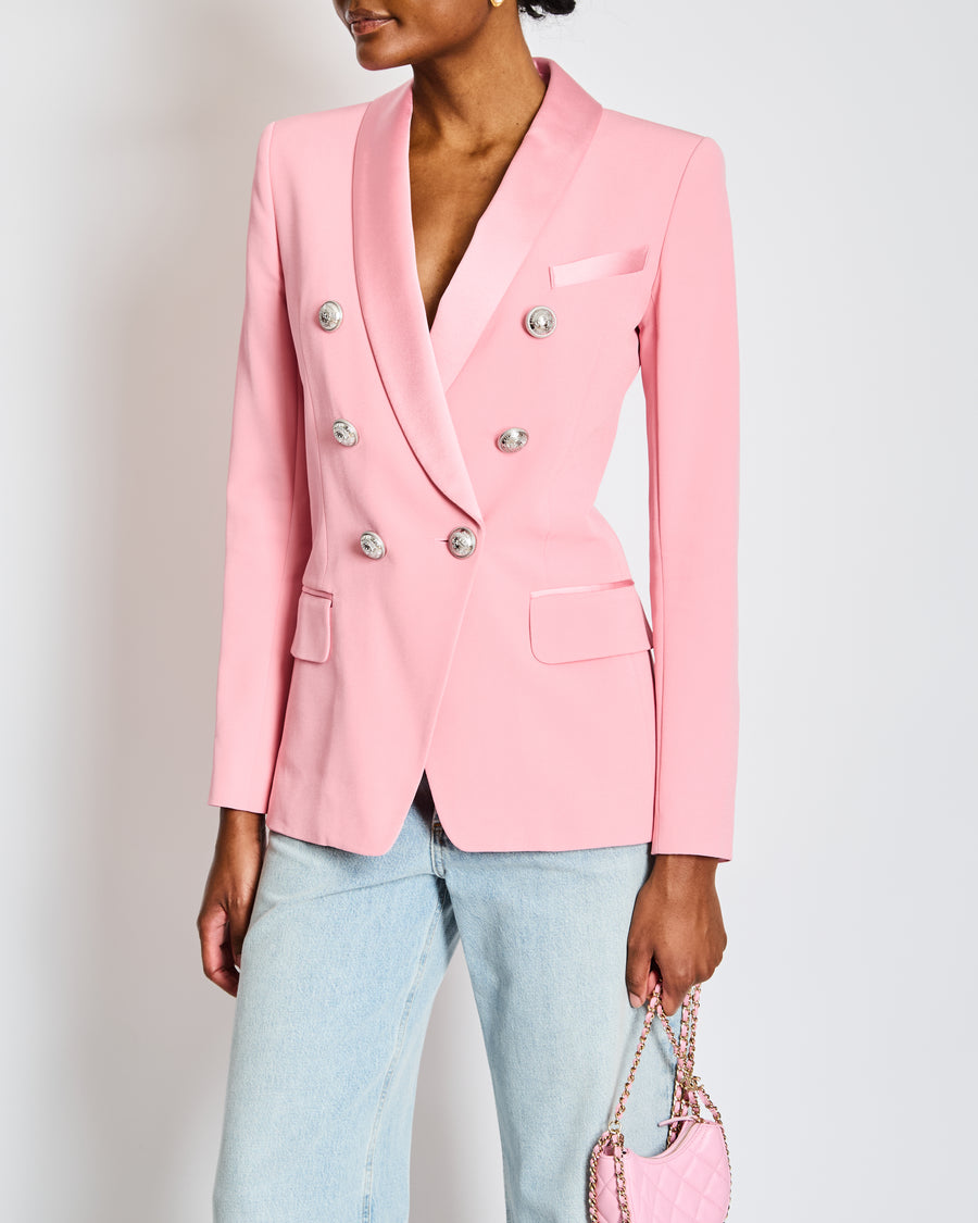 Balmain Pink Tweed Double Breasted Blazer with Satin Lapel Detail Size FR 36 (UK 8)