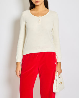 Celine Cream Long-Sleeve Cotton Top with Logo Broidery Anglaise and Pearl Button Details XS (UK 6)