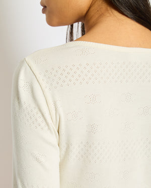 Celine Cream Long-Sleeve Cotton Top with Logo Broidery Anglaise and Pearl Button Details XS (UK 6)