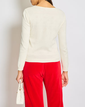 Celine Cream Long-Sleeve Cotton Top with Logo Broidery Anglaise and Pearl Button Details XS (UK 6)